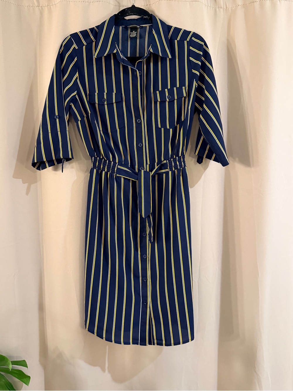 Millenium Striped Navy and Yellow Button-Front Shirt Dress